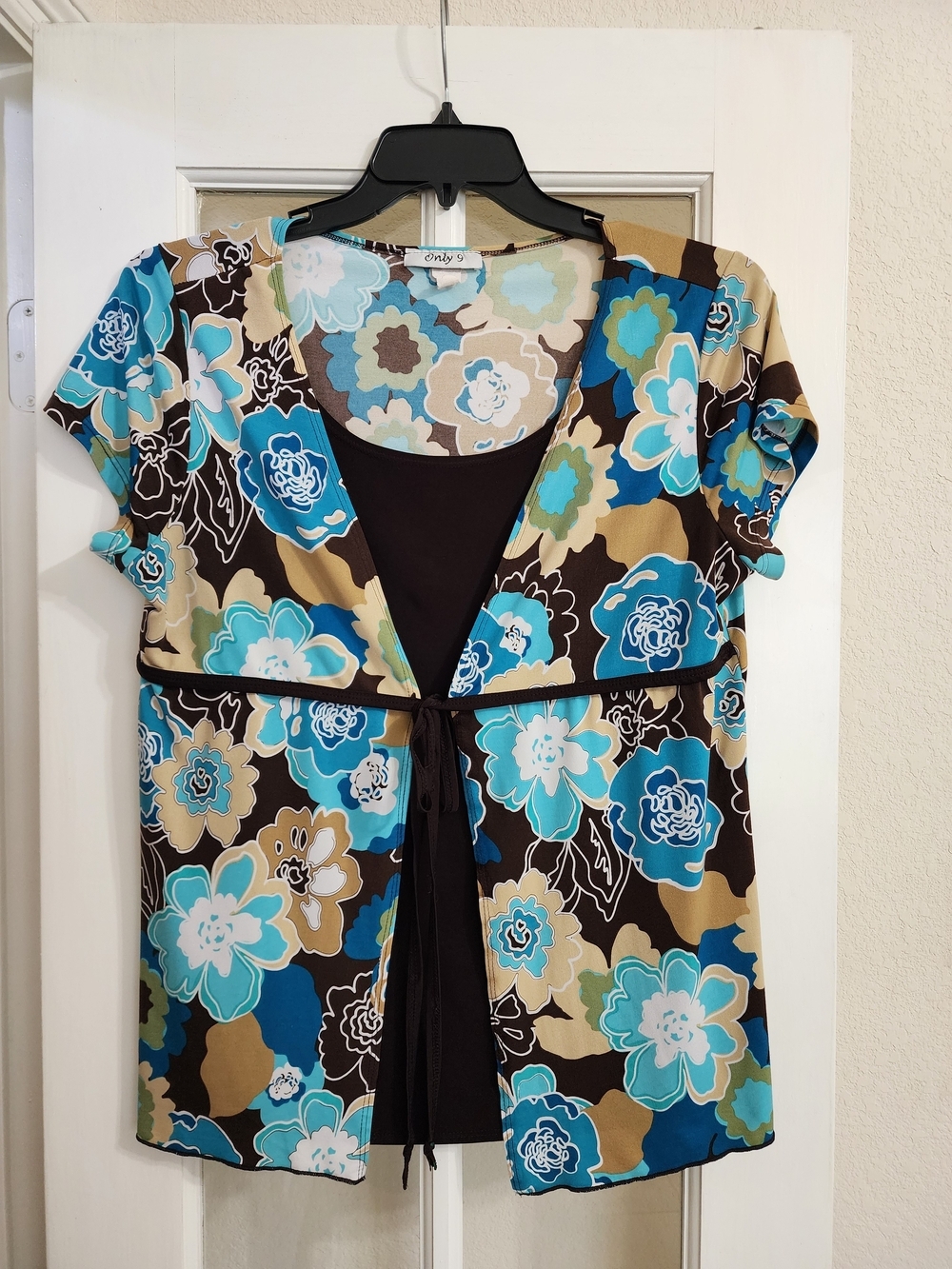Vintage Y2K Floral Tie Front Layered Top Brown Blue Retro Boho Estimated Large